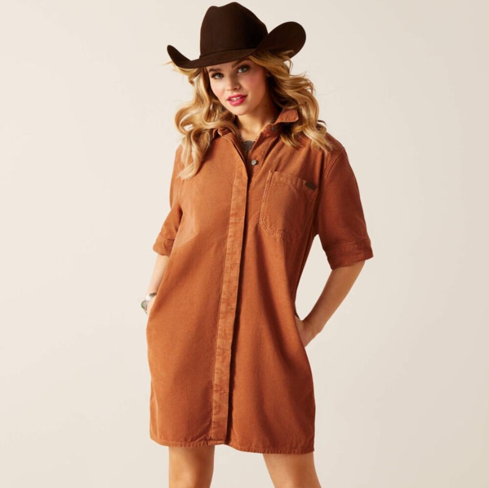 Ariat Burnt Orange Corduroy Short Sleeve Button Down Knee Length Dress Small